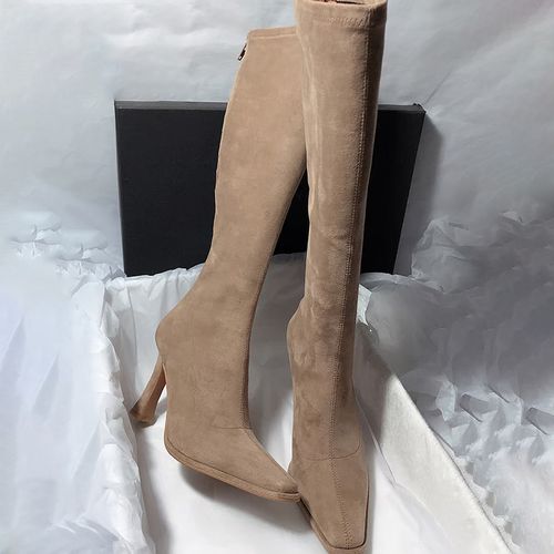 美拉德显瘦增高长筒靴秋冬新款瘦瘦靴子绒面舒适高跟弹力骑士长靴主图