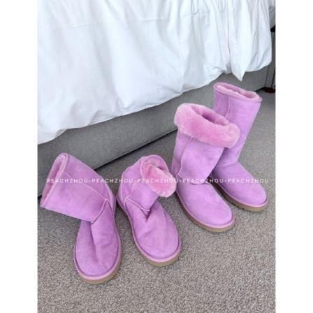 PEACHZHOU 羊皮毛一体牛反绒中筒雪地靴洋气粉紫色保暖加厚棉鞋