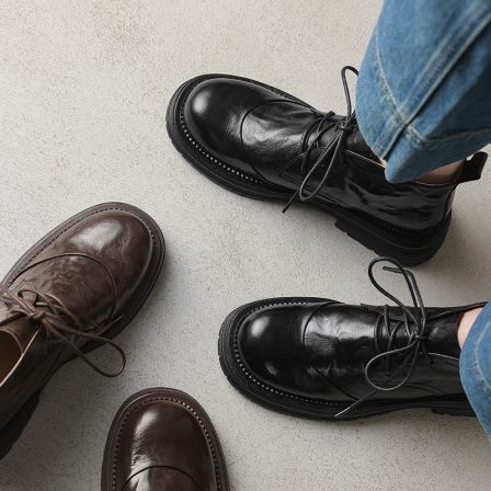 【NICESEE】4cm,秋冬新款加绒真皮系带马丁靴女厚底中跟低帮短靴