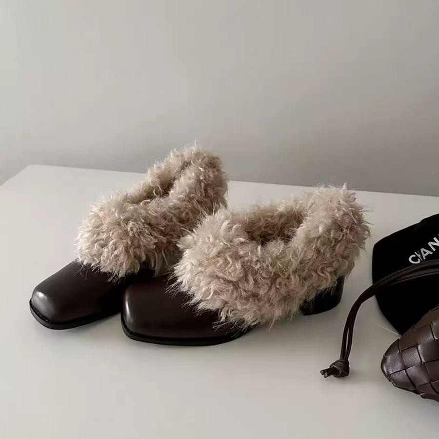 方头毛毛鞋一脚蹬复古加绒保暖玛丽珍小皮鞋棉鞋粗跟单鞋主图