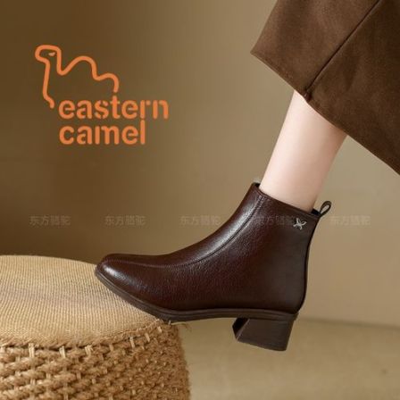 [东方骆驼]新款英伦女方头冬季加绒保暖气质真皮百搭妈妈短靴7030