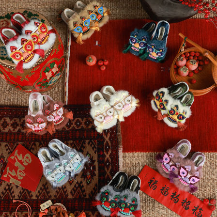 大耳象女童手工虎头鞋冬季新款宝儿加绒魔术贴中式年款鞋子过年