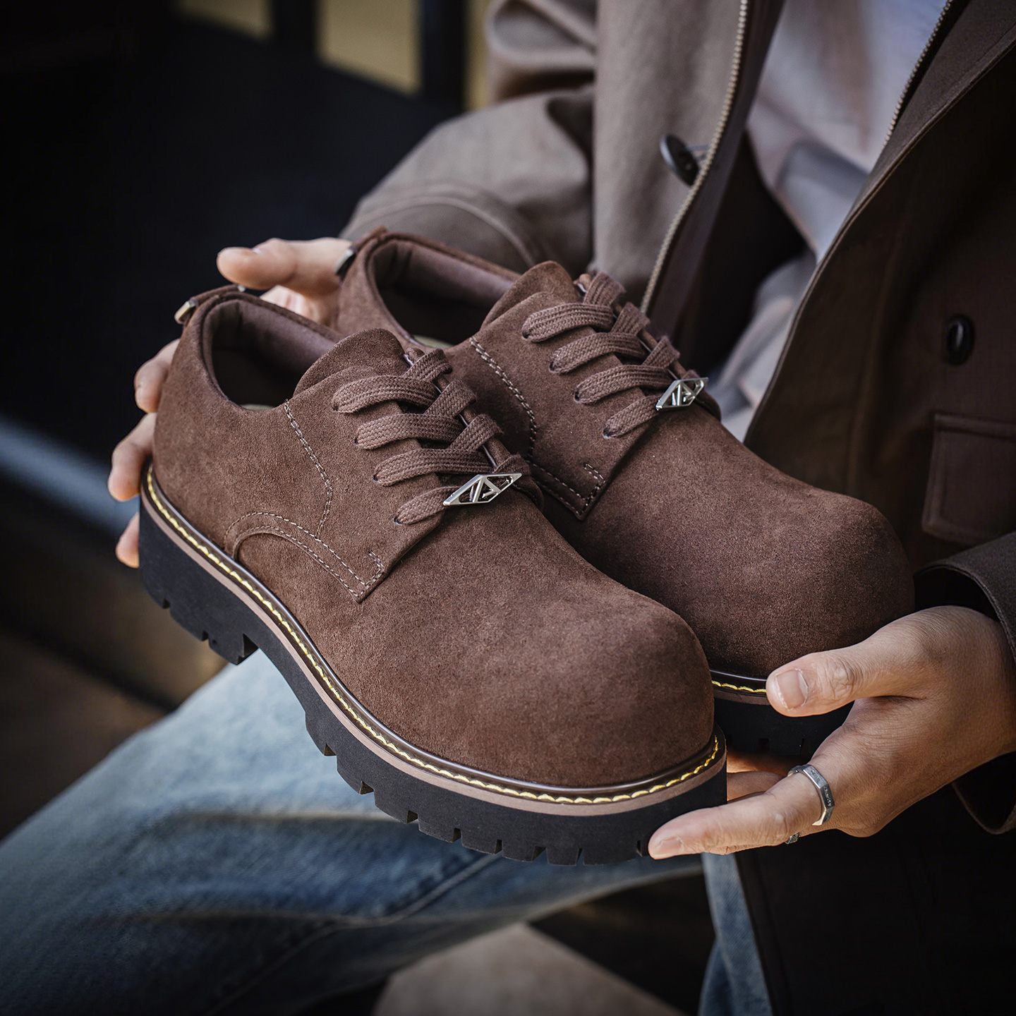 MRA美拉德棕色德比鞋男款2025新款圆头大头鞋厚底增高休闲皮鞋冬主图