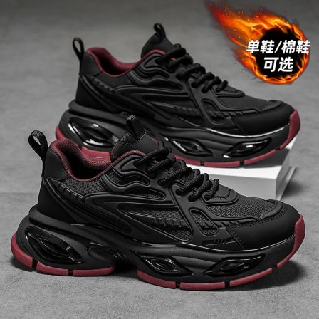 男鞋冬季2025新款气垫减震跑步运动鞋厚底增高纯黑色休闲老爹潮鞋
