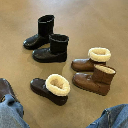 牛皮版~复古简约雪地靴两穿加绒保暖厚底短靴女百搭毛毛勃肯棉靴