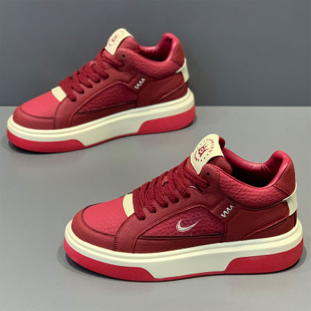 男鞋2025新款真皮高帮鞋冬季加绒保暖棉鞋软底休闲鞋男靴酒红板鞋