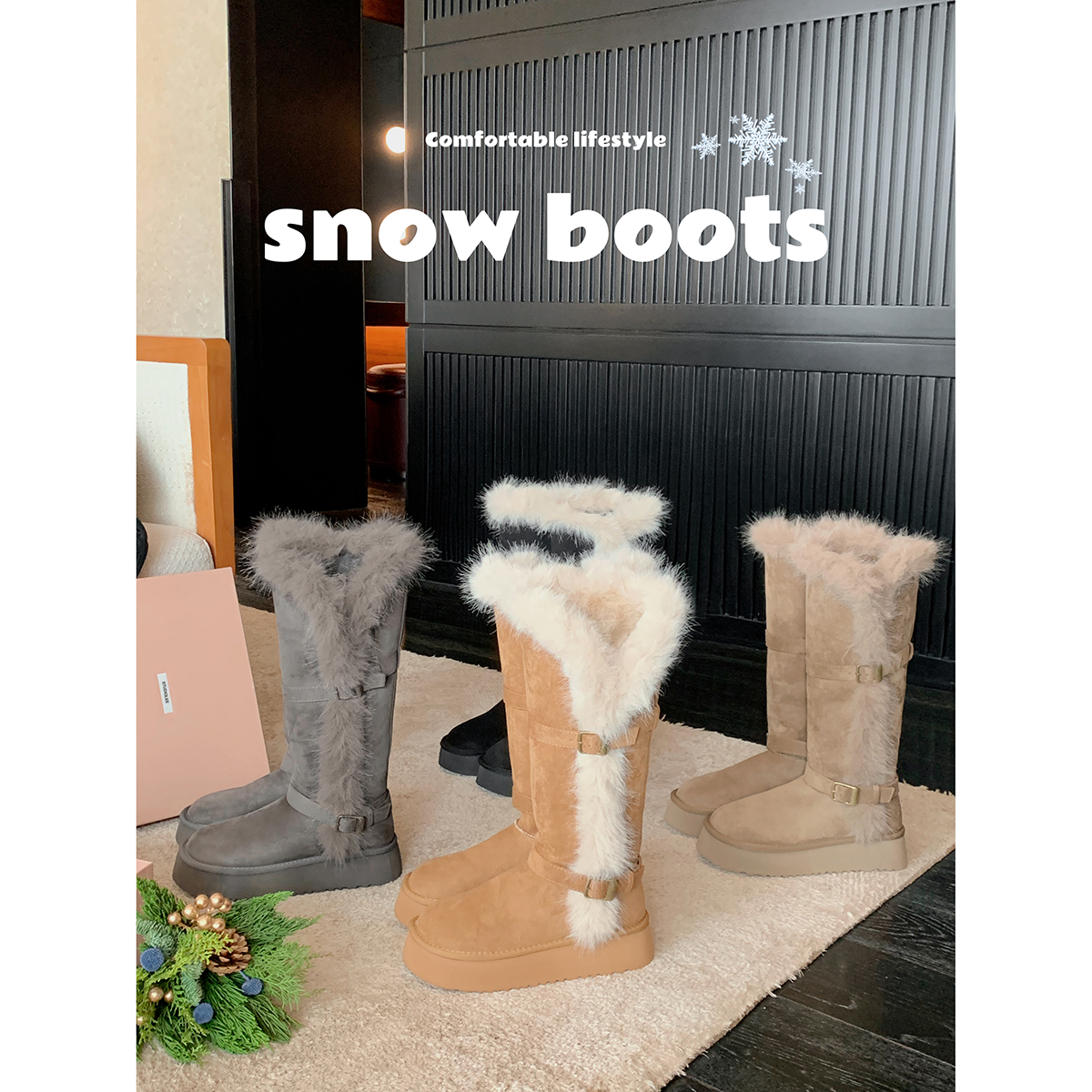 葡萄妈studiolee 4cm厚底~ 巨暖两穿圆头扣带加厚毛毛长筒雪地靴主图