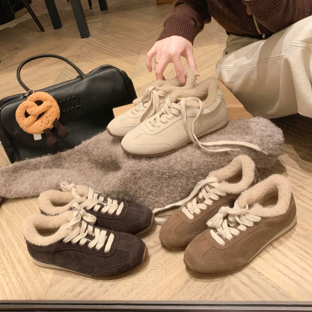 葡萄妈studiolee 圆尖头系带加绒毛毛保暖休闲德训鞋女冬季棉鞋