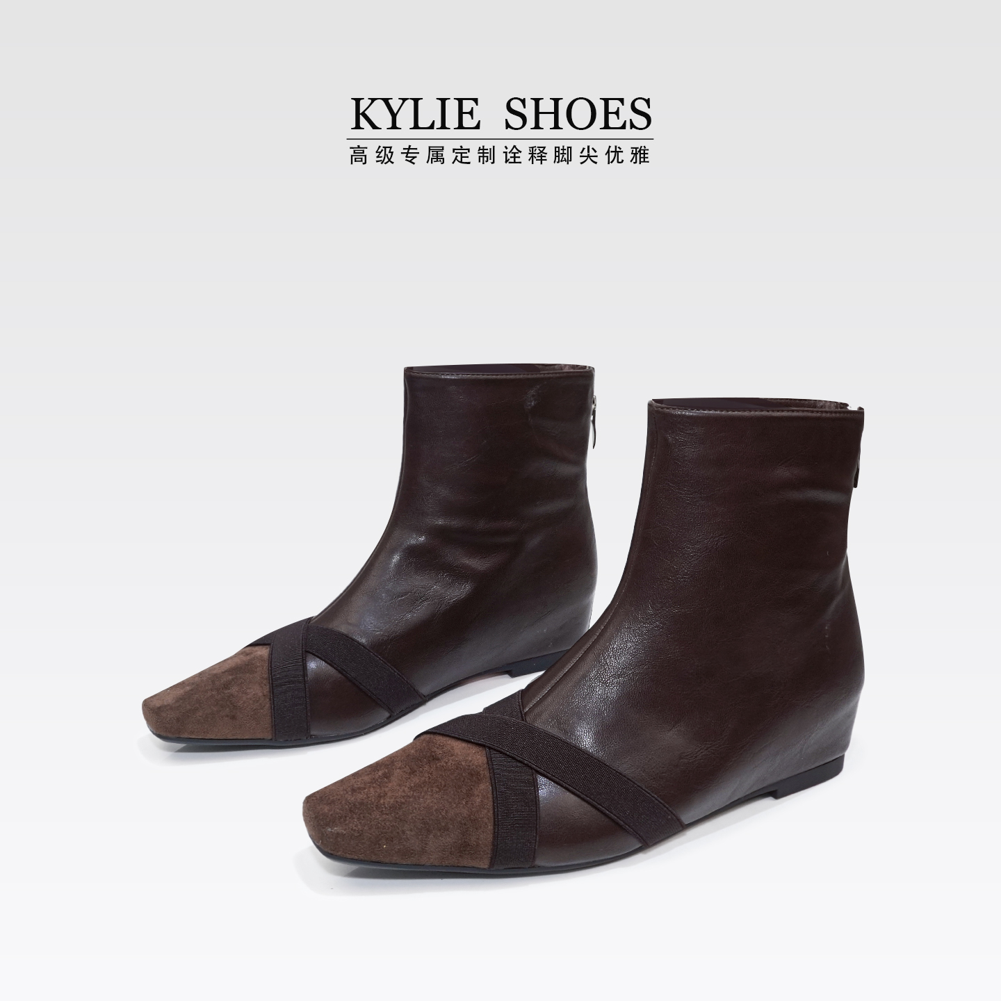 【内增高3.5cm】单里，复古低跟短靴瘦瘦靴方头拼接短筒靴12.8主图
