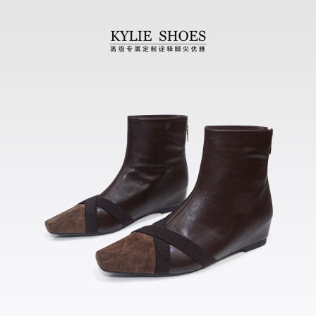 【内增高3.5cm】单里，复古低跟短靴瘦瘦靴方头拼接短筒靴12.8