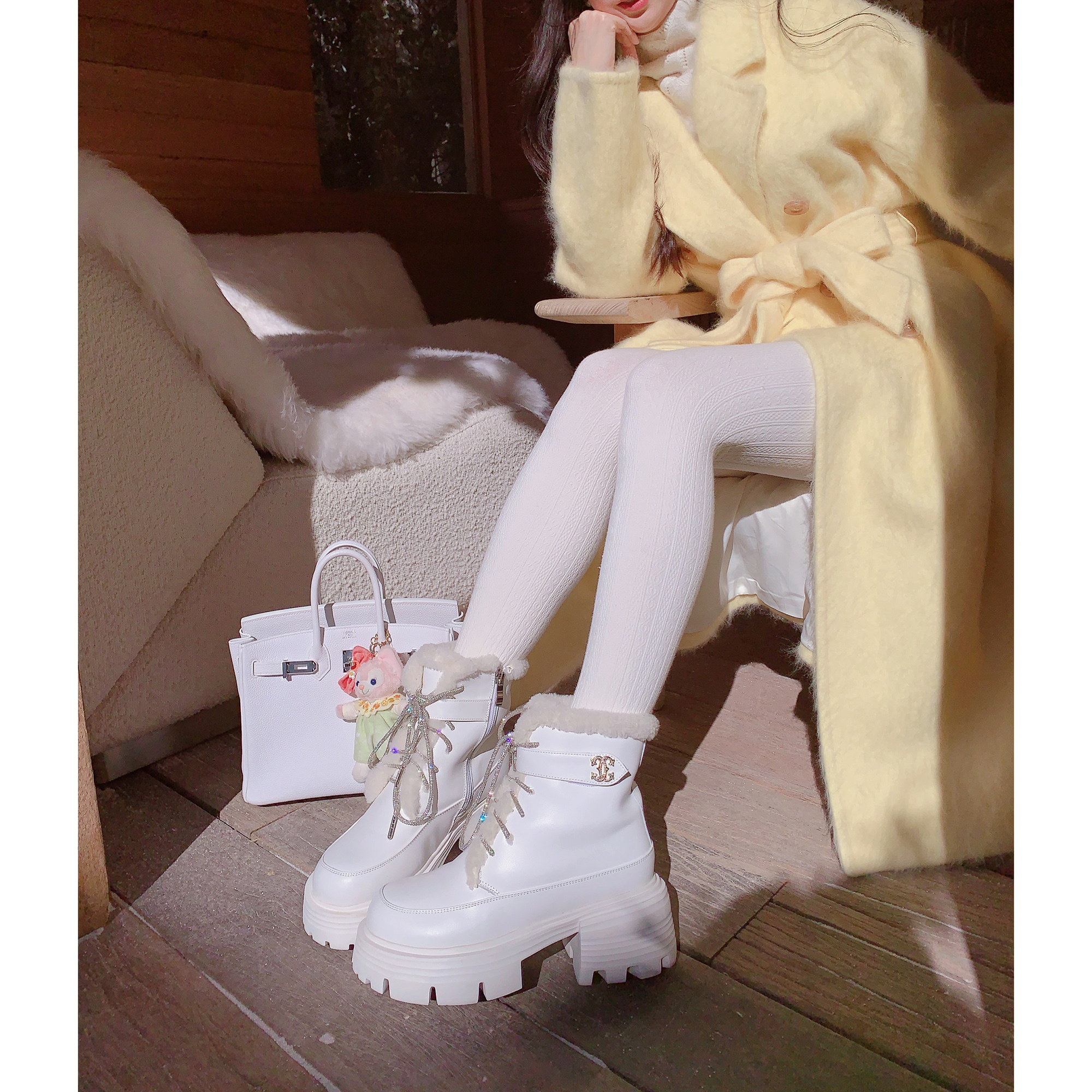 奢侈小姐【绒步雪境】头层牛皮＋皮毛一体羊毛雪地靴厚底增高短靴主图
