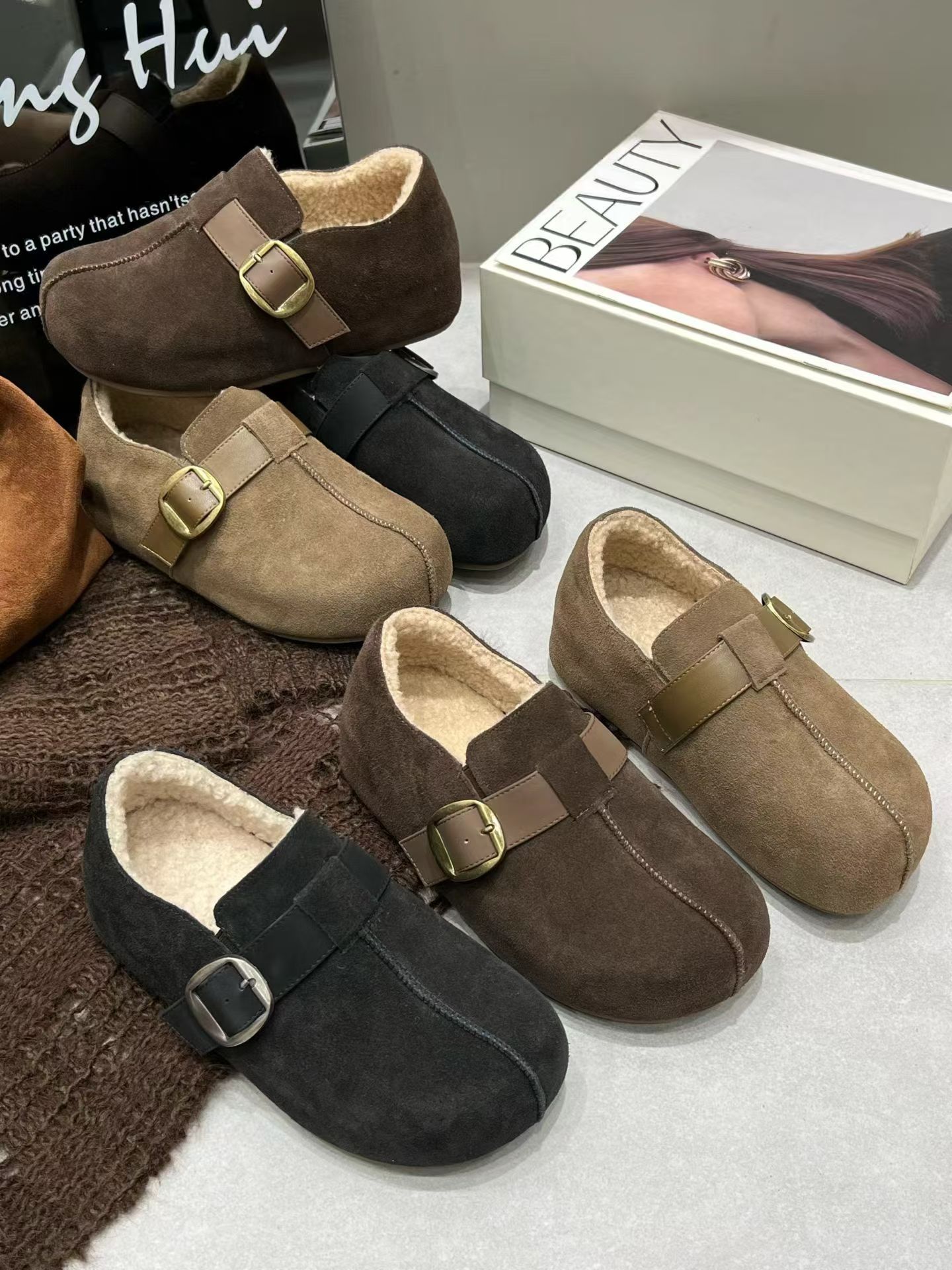 复古勃肯鞋女2025冬季新款圆头牛皮羊毛懒人一脚蹬鞋子主图