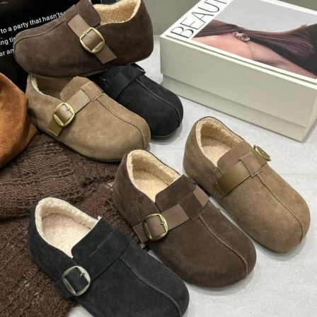 复古勃肯鞋女2025冬季新款圆头牛皮羊毛懒人一脚蹬鞋子