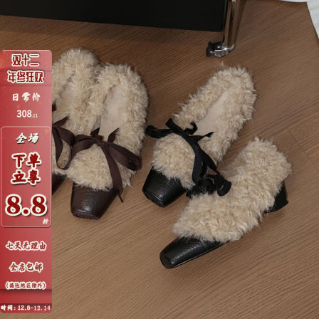 ZHZG｜晨小姐真皮毛毛鞋女蝴蝶结方头深口单鞋高跟保暖外穿懒人鞋