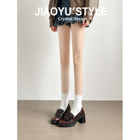 真皮~骄屿英伦风蝴蝶结小皮鞋女漆皮乐福鞋一脚蹬通勤单鞋高跟鞋