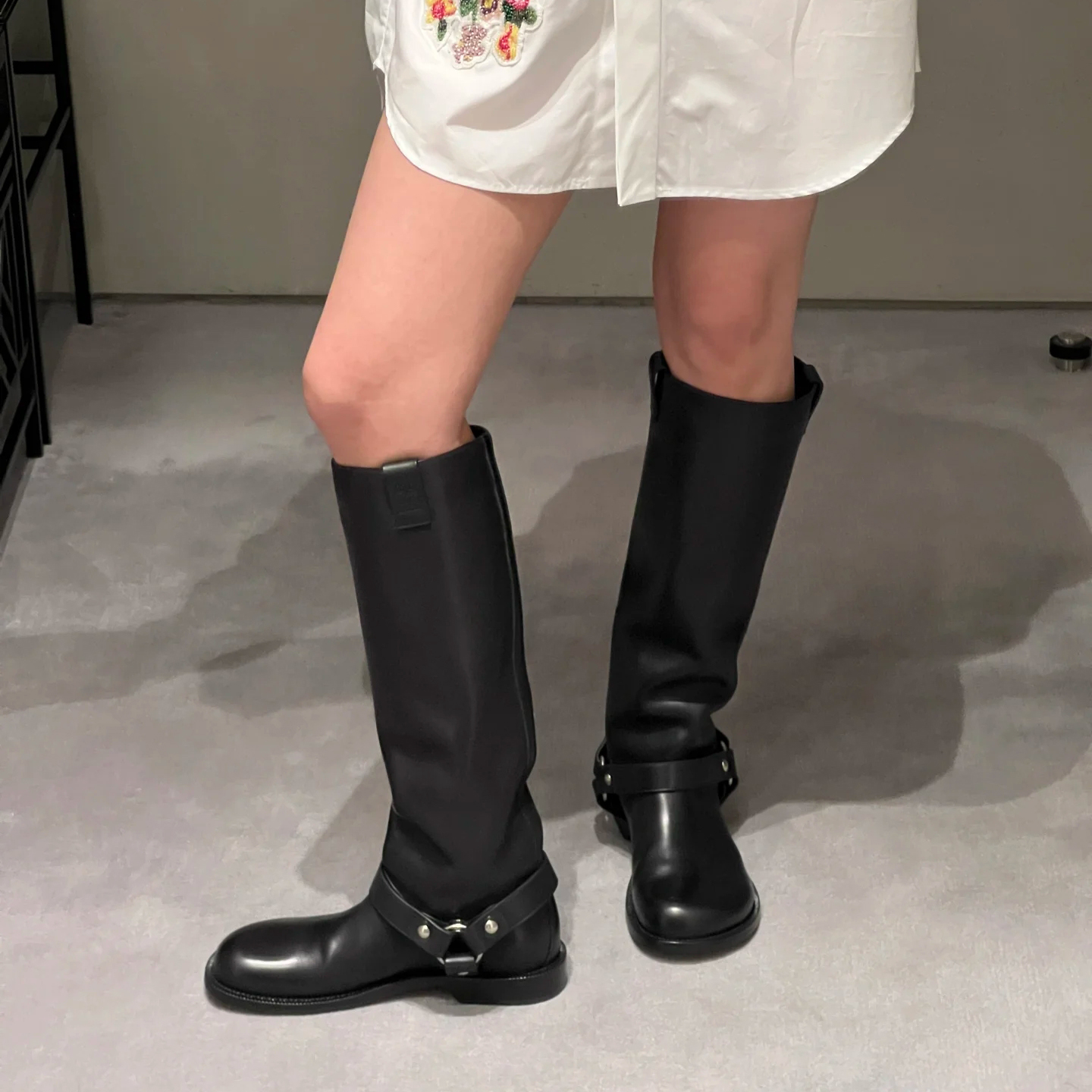 牛皮版~洋气工装风真皮不过膝长靴高筒骑士靴女秋冬新款长筒靴子主图