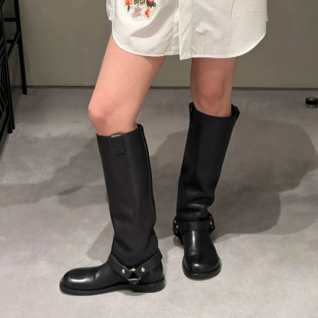 牛皮版~洋气工装风真皮不过膝长靴高筒骑士靴女秋冬新款长筒靴子