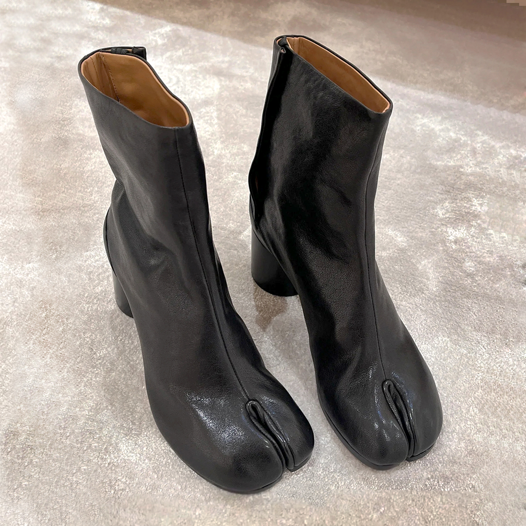 羊皮版~5cm粗跟分趾马丁靴女高跟瘦瘦靴真皮韩版小众猪蹄短靴百搭主图