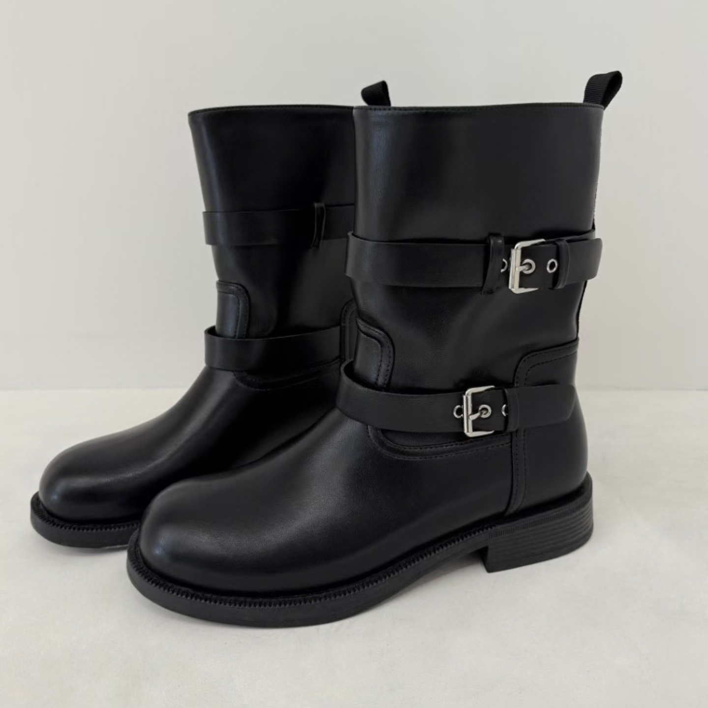 牛皮版~韩国小众皮带扣圆头粗跟马丁靴女秋冬显瘦一脚蹬西部短靴主图