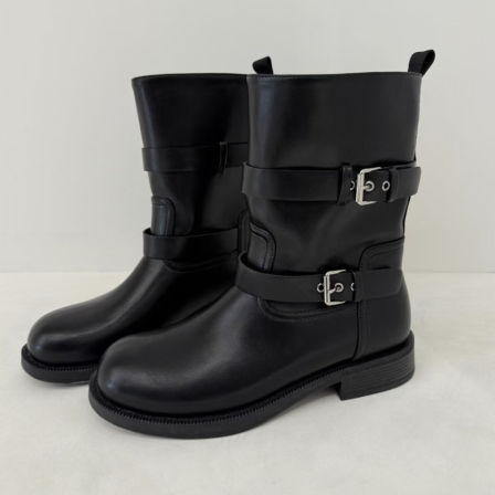 牛皮版~韩国小众皮带扣圆头粗跟马丁靴女秋冬显瘦一脚蹬西部短靴