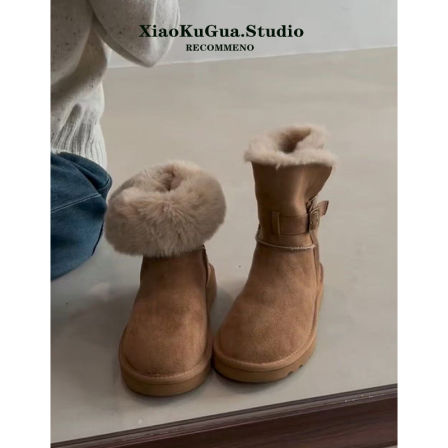 皮毛一体平底短筒雪地靴女2025新款冬季两穿加绒加厚东北雪地棉鞋