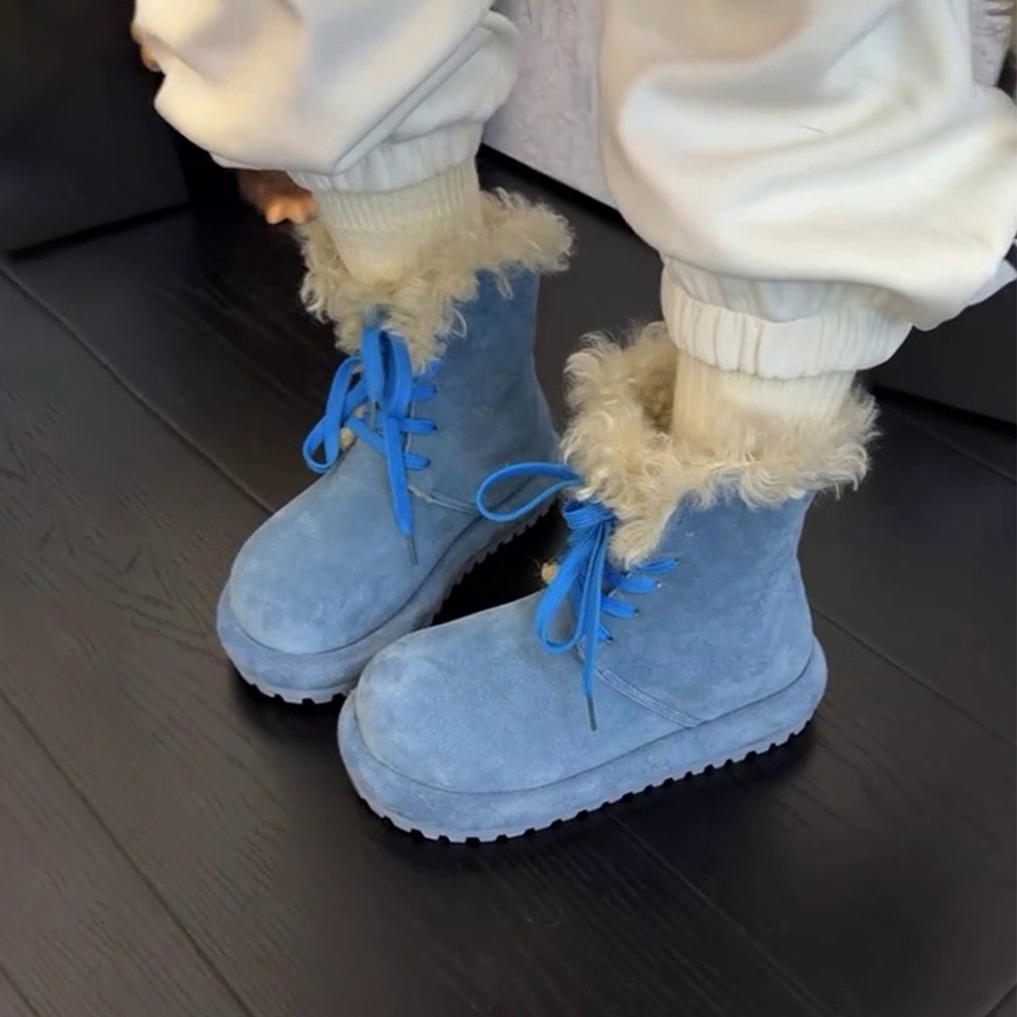 牛皮版~厚底毛毛靴系带加绒马丁靴保暖圆头短靴百搭复古雪地靴女主图