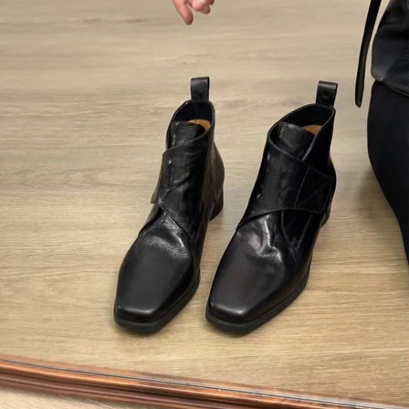 牛皮版~复古方头粗跟短靴通勤魔术贴显瘦英伦风马丁靴女切尔西靴