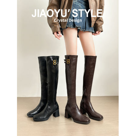 真皮~骄屿 皮带扣过膝靴女粗跟长筒靴方头高跟靴骑士靴高筒靴长靴