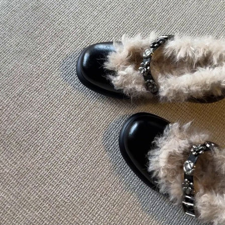 羊皮版~圆头复古高跟毛毛鞋金属扣一字带加绒玛丽珍鞋粗跟单鞋女