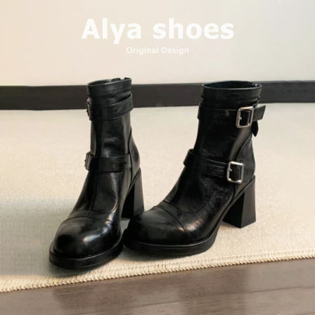 羊皮~高跟厚底短靴女英伦风秋冬新款马丁靴粗跟皮带扣加绒瘦瘦靴