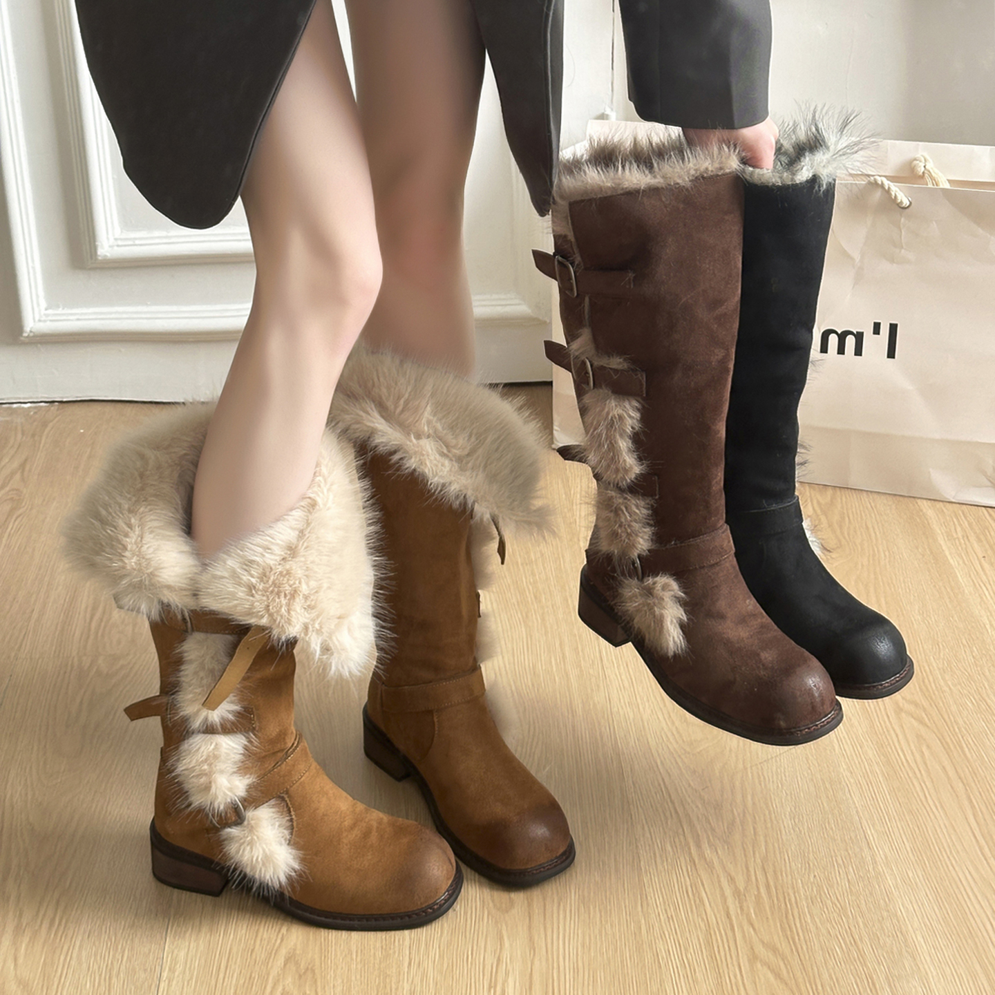 翻毛口雪地靴女长靴2025冬季新款俄式高筒皮带扣加厚绒保暖棉鞋子主图