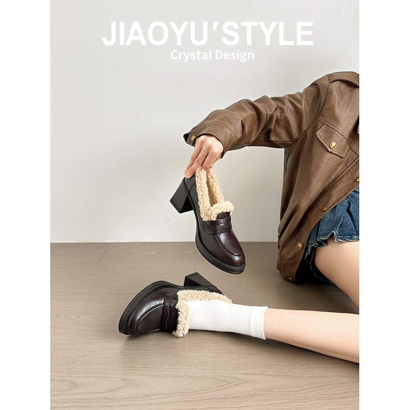 真皮~骄屿复古加绒乐福鞋女粗跟毛毛小皮鞋一脚蹬高跟玛丽珍单鞋主图