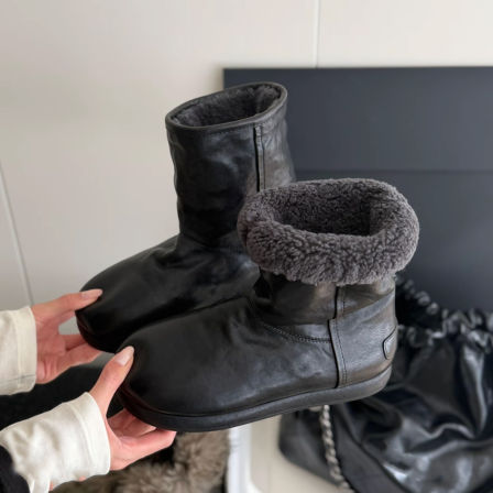 牛皮版~黑色复古时髦小众棉靴女厚绒保暖东北外穿高级气质雪地靴