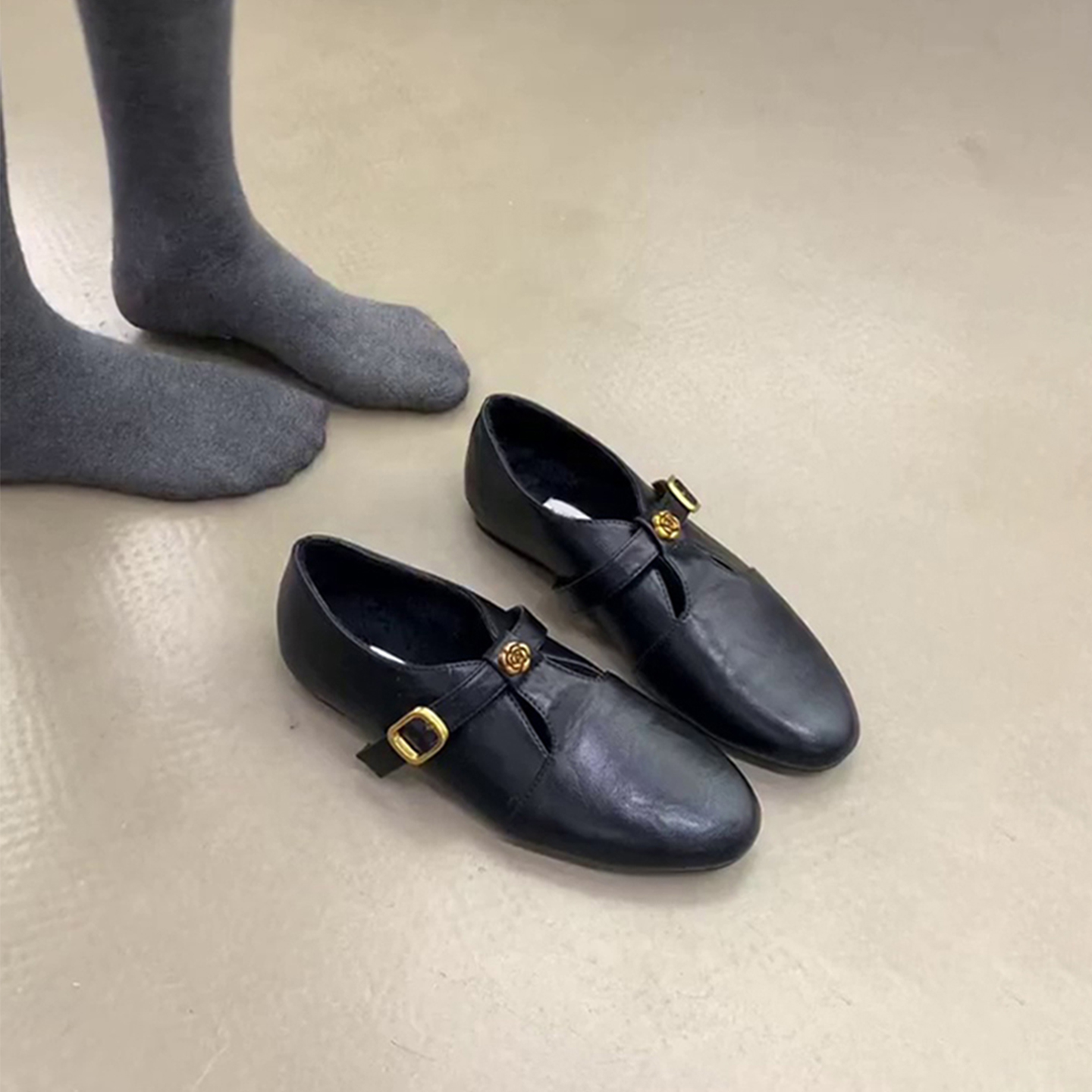 羊皮版~复古山茶花乐福鞋女深口圆头毛呢玛丽珍单鞋内增高小皮鞋主图