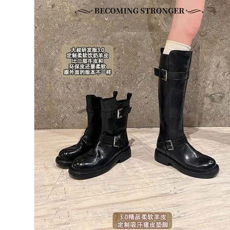 【柔软羊皮】大叔家真皮厚底骑士靴女2025新款粗跟休闲百搭瘦瘦靴