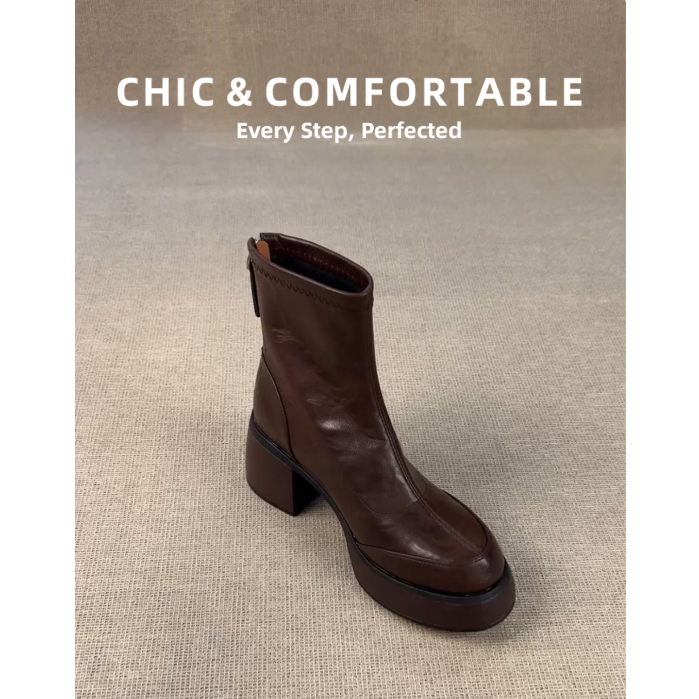 香港真皮厚底粗跟短靴女2025秋冬新款英伦风小个子软皮高跟马丁靴主图