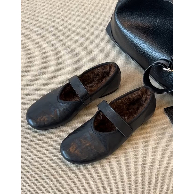 羊皮版~真皮复古平底加绒芭蕾舞鞋女毛毛鞋外穿魔术贴玛丽珍单鞋主图