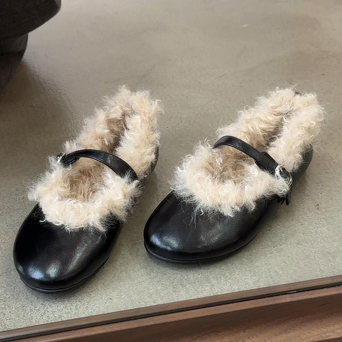 羊皮版~法式真皮一字带平底玛丽珍鞋女复古浅口圆头百搭毛毛单鞋主图