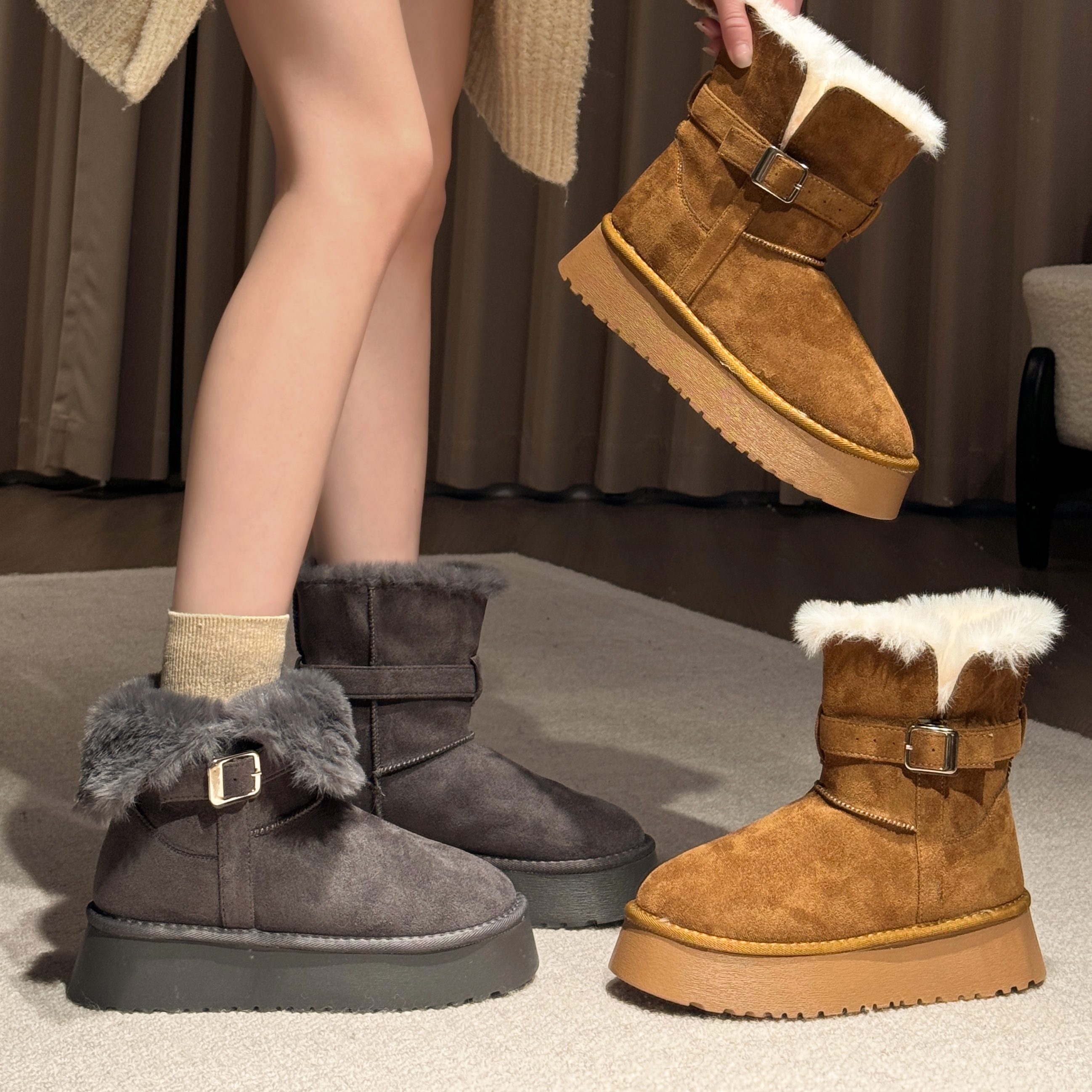 贾不假雪地靴女款2025新款冬季加绒保暖棉鞋厚底毛绒棉靴短筒靴子主图