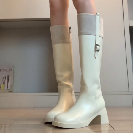 羊皮版~英伦风粗跟长筒女新款长靴百搭粗跟不过膝小众设计韩版