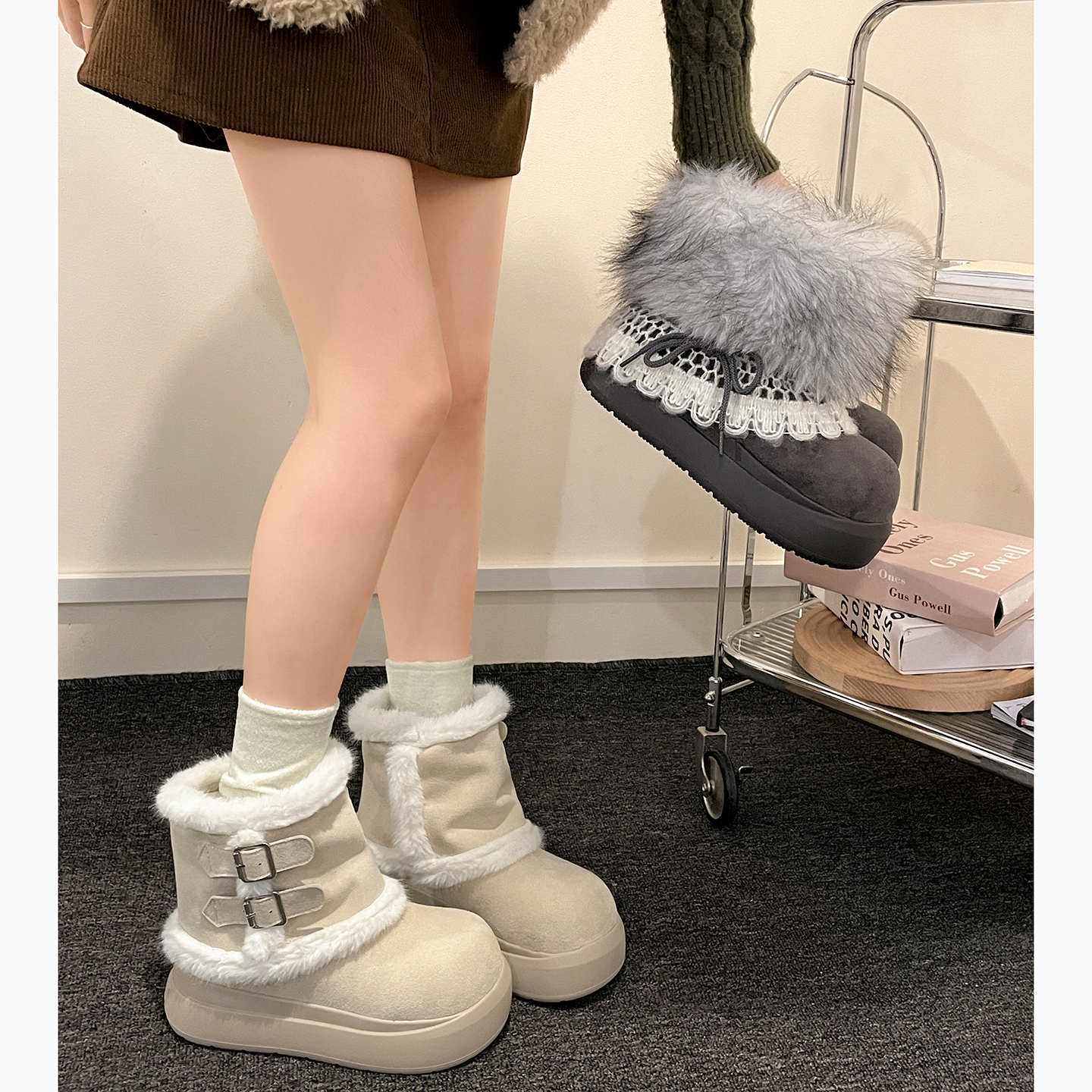 复古加绒保暖外穿厚底毛毛雪地靴女款2025新款冬季加厚费尔岛棉鞋主图