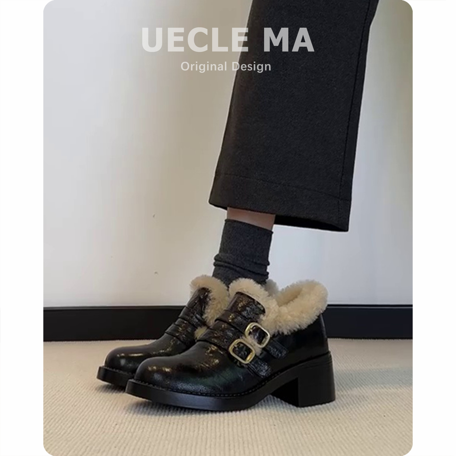 羊皮版~厚底小皮鞋女冬季加绒高跟棉鞋乐福单鞋雪地靴粗跟毛毛鞋主图