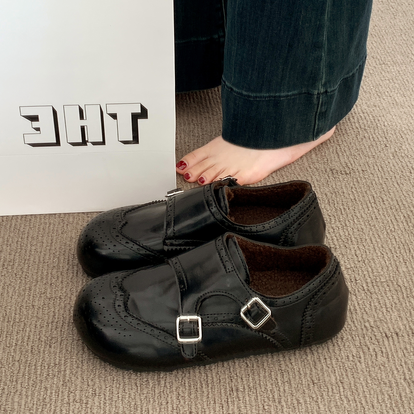 平底加绒勃肯鞋女2025新款冬季女鞋子巴洛克复古小皮鞋保暖二棉鞋主图