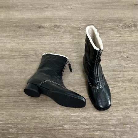 Dannyfrey秋冬复古羊皮短靴女前拉链圆头加绒保暖瘦瘦短靴高跟3.5