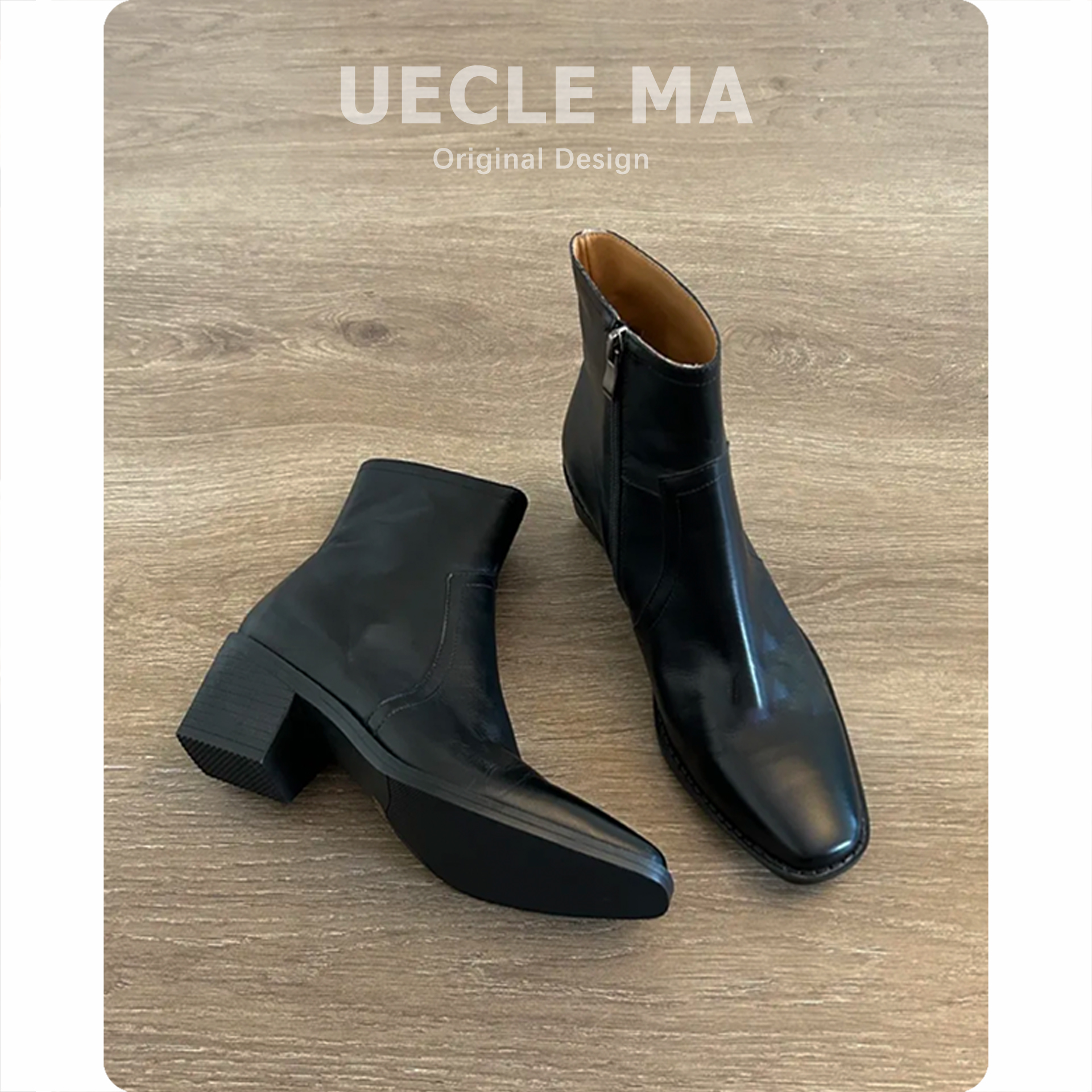 牛皮版~真皮短靴女粗跟小方头显瘦裸靴高跟复古马丁靴法式瘦瘦靴主图