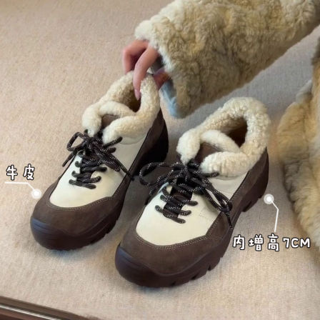 内增高7CM小个子厚底时尚德训鞋女复古系带保暖加绒毛毛休闲单鞋