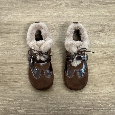 Dannyfrey复古圆头系带深口单鞋女加绒保暖毛毛鞋百搭舒适德训鞋