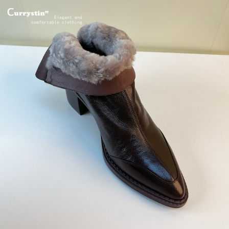 巨好看羊毛皮毛一体尖头粗跟短靴女棕色靴子高跟雪地靴保暖马丁靴