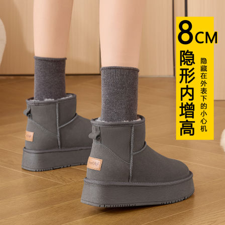 灰色雪地靴女冬季2025新款内增高厚底保暖加绒加厚短筒防水面包鞋