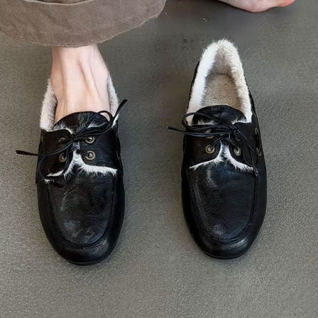 羊皮版~简约复古舒适平底小皮鞋女时尚英伦风加绒保暖外穿乐福鞋